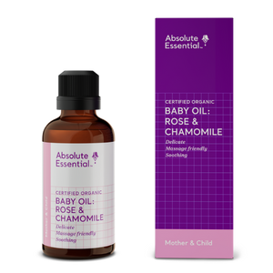 Absolute Essential Baby Oil: Rose & Chamomile offers the ultimate in gentle, nurturing baby care.