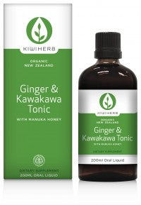 Ginger and Kawakawa Tonic supports digestion and circulation, and is ideal to rapidly target digestive system bloating and /or upsets.  200ml