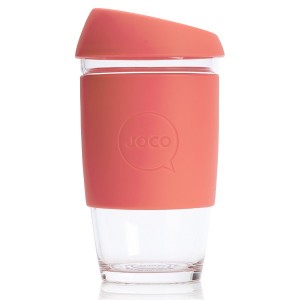 Joco reusable coffee cup 16oz in Persimmon made from silicone and toughened glass