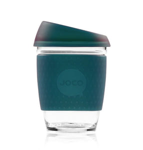 Joco reusable coffee cup 12oz in Deep Teal in Seaglass made from silicone and toughened glass