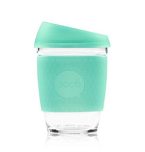 Joco reusable coffee cup 12oz in Vintage Green Seaglass made from silicone and toughened glass