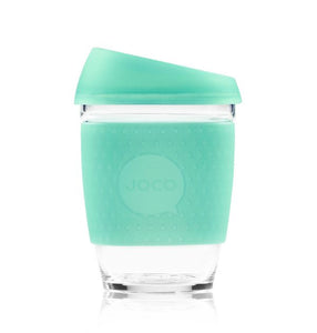 Joco reusable coffee cup 12oz in Vintage Green Seaglass made from silicone and toughened glass