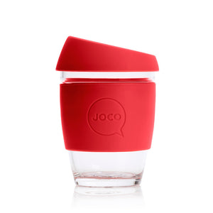 Joco reusable coffee cup 12oz in Red made from silicone and toughened glass
