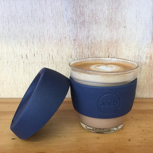 Joco reusable coffee cup 8oz in Indigo made from silicone and toughened glass