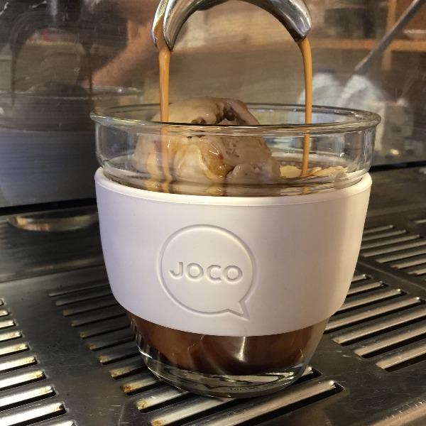 Joco reusable coffee cup 8oz in Sandstone made from silicone and toughened glass