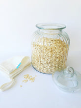 Loot Bags offer conscientious consumers a strong, durable and reusable way to reduce plastic bag use. Shown with Oats in Storage jar.