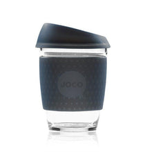 Joco reusable coffee cup 12oz in Mood Indigo Seaglass made from silicone and toughened glass