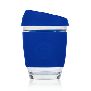 Joco reusable coffee cup 12oz in Cobalt made from silicone and toughened glass