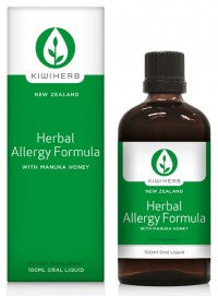Kiwiherb Herbal Allergy Formula helps balance the immune response underlying allergies, and helps soothe and clear the eyes and nose.  100ml