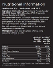 Hemp Connect NZ Hemp Protein Powder (Organic) Nutritional Information for Choclate