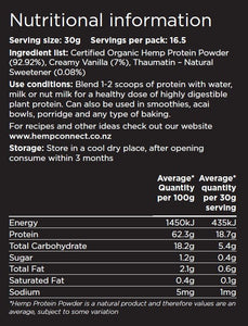 Hemp Connect NZ Hemp Protein Powder (Organic) Nutritional Information for Vanilla