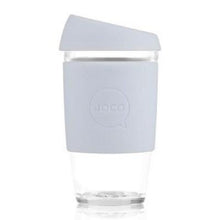 Joco reusable coffee cup 16oz in Vintage Blue made from silicone and toughened glass