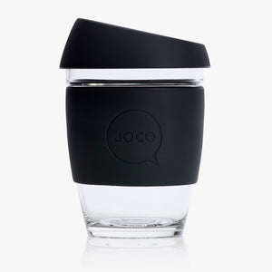 Joco reusable coffee cup 12oz in Black made from silicone and toughened glass
