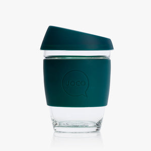 Joco reusable coffee cup 12oz in Deep Teal made from silicone and toughened glass