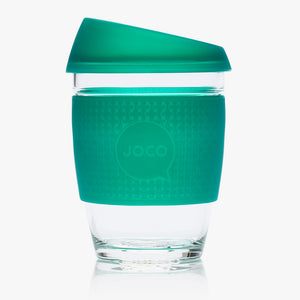 Joco reusable coffee cup 12oz in Deep Teal Seaglass made from silicone and toughened glass
