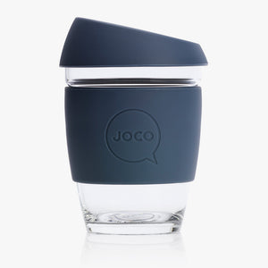 Joco reusable coffee cup 12oz in Folkstone Grey made from silicone and toughened glass
