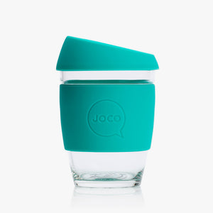 Joco reusable coffee cup 12oz in Mint made from silicone and toughened glass. 