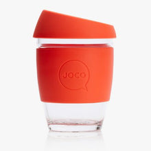 Joco reusable coffee cup 12oz in Orange made from silicone and toughened glass