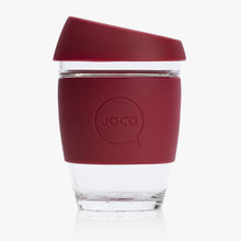 Joco reusable coffee cup 12oz in Ruby Wine made from silicone and toughened glass
