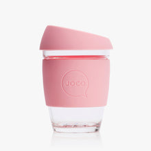 Joco reusable coffee cup 12oz in Strawberry made from silicone and toughened glass