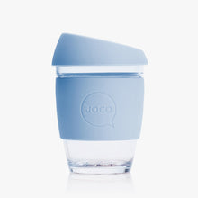 Joco reusable coffee cup 12oz in Vintage Blue made from silicone and toughened glass
