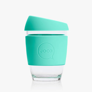 Joco reusable coffee cup 12oz in Vintage Green made from silicone and toughened glass