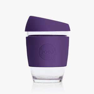 Joco reusable coffee cup 12oz in Violet made from silicone and toughened glass