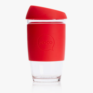 Joco reusable coffee cup 16oz in Red made from silicone and toughened glass