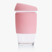 Joco reusable coffee cup 16oz in Strawberry made from silicone and toughened glass