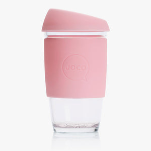 Joco reusable coffee cup 16oz in Strawberry made from silicone and toughened glass