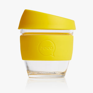 Joco reusable coffee cup 8oz in Lemon made from silicone and toughened glass