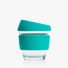 Joco reusable coffee cup 8oz in Mint made from silicone and toughened glass. 