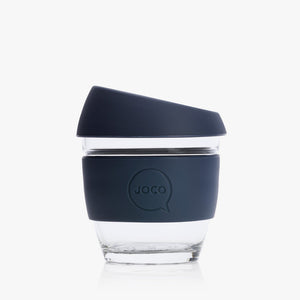 Joco reusable coffee cup 8oz in Mood Indigo made from silicone and toughened glass. 