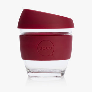 Joco reusable coffee cup 8oz in Ruby Wine made from silicone and toughened glass