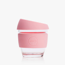 Joco reusable coffee cup 8oz in Strawberry made from silicone and toughened glass. 