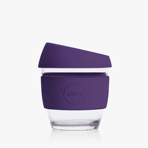 Joco reusable coffee cup 8oz in Violet made from silicone and toughened glass