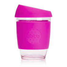 Joco reusable coffee cup 12oz in Pink made from silicone and toughened glass