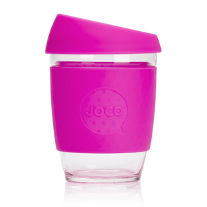 Joco reusable coffee cup 12oz in Pink made from silicone and toughened glass