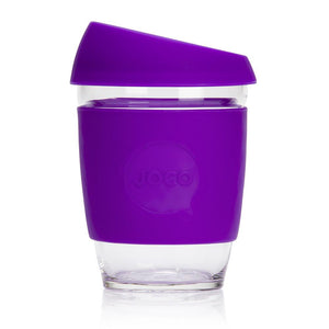 Joco reusable coffee cup 12oz in Purple made from silicone and toughened glass
