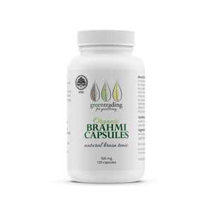 Green Trading Organic Veggie Brahmi Capsules. Named after one of the highest states of consciousness (Brahman or God consciousness), Brahmi is traditionally used to heighten intelligence and relax the central nervous system.