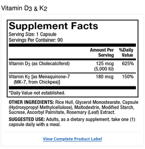 Dr Mercola Vitamins D3 & K2 Supplement Facts